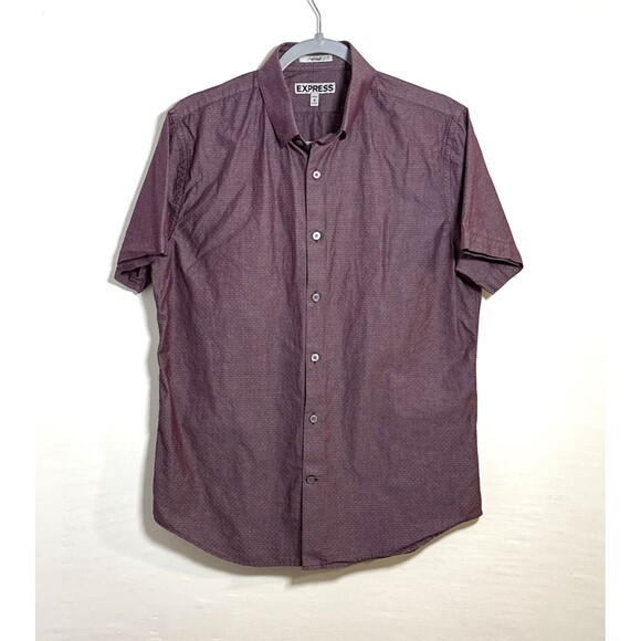 Mens Express Fitted Short Sleeve Maroon Dot Button Up Shirt Medium 15-15 1/2 - Picture 1 of 7
